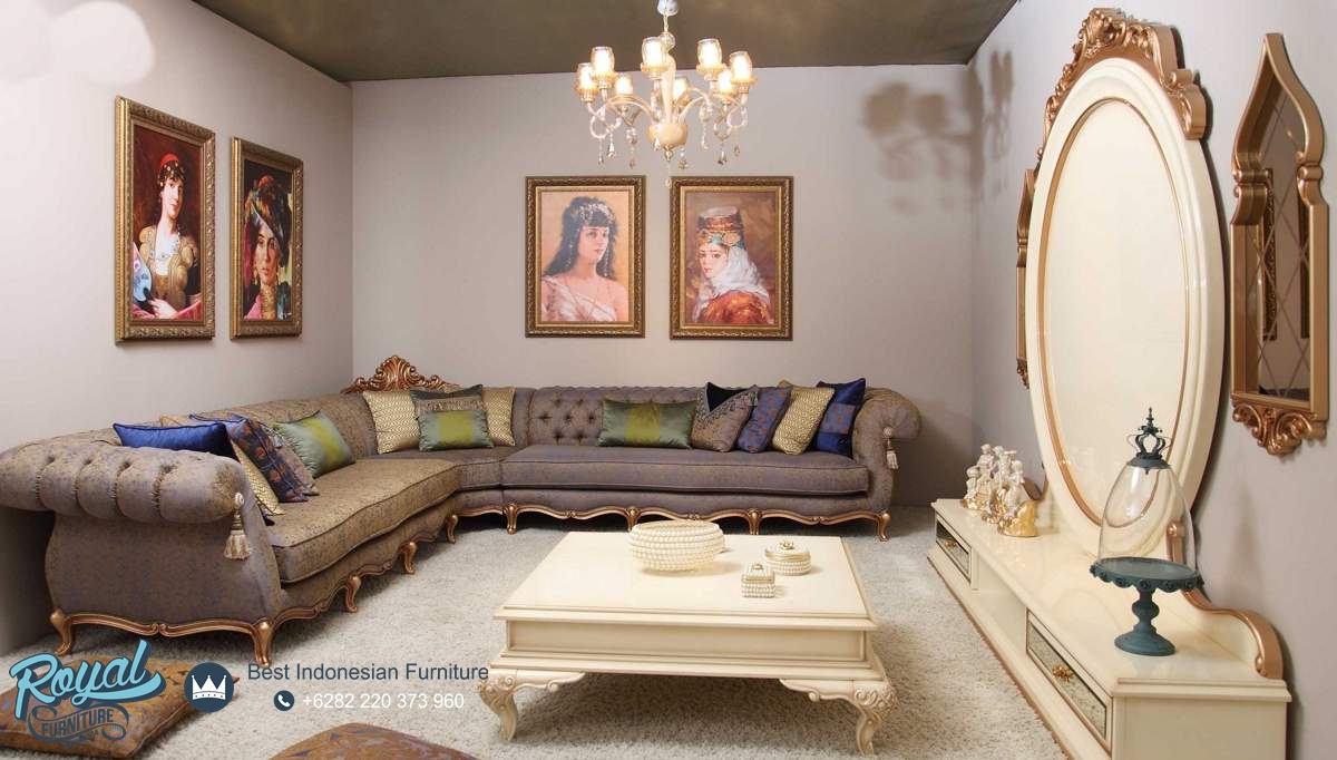 Sofa Tamu Ruang Keluarga Mewah Sudut Leter L Classic Gold Klasik