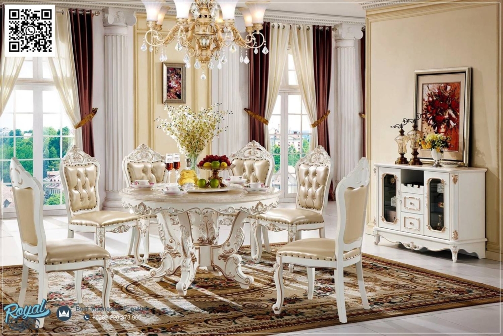 Dining Set Meja Makan Mewah Bulat Klasik Eropa 6 Kursi