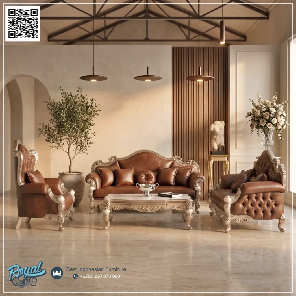 Sofa Tamu Kulit Desain Klasik Jepara - foto 1