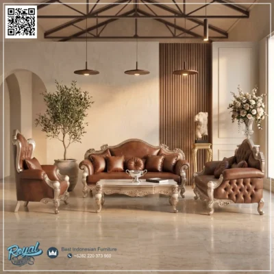 Sofa Tamu Kulit Desain Klasik Jepara