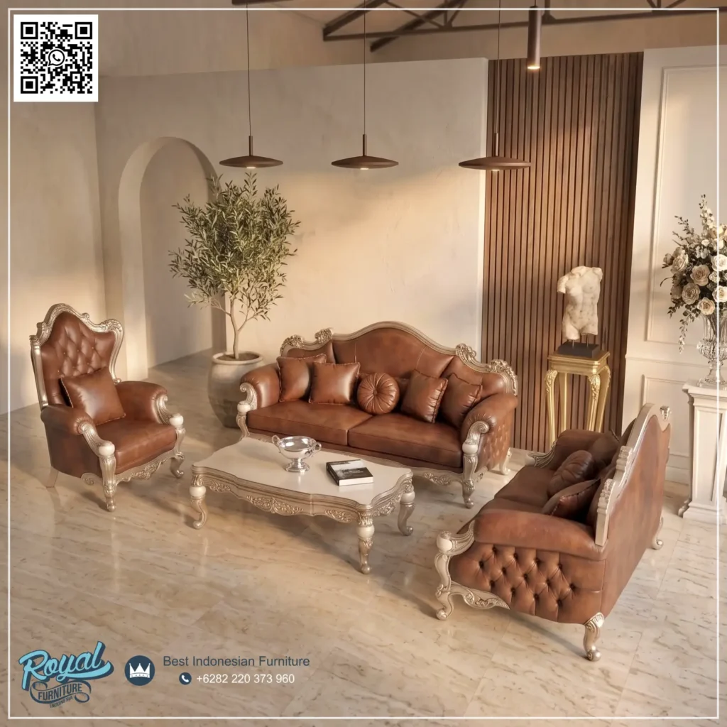 Sofa Tamu Kulit Desain Klasik Jepara - foto 2
