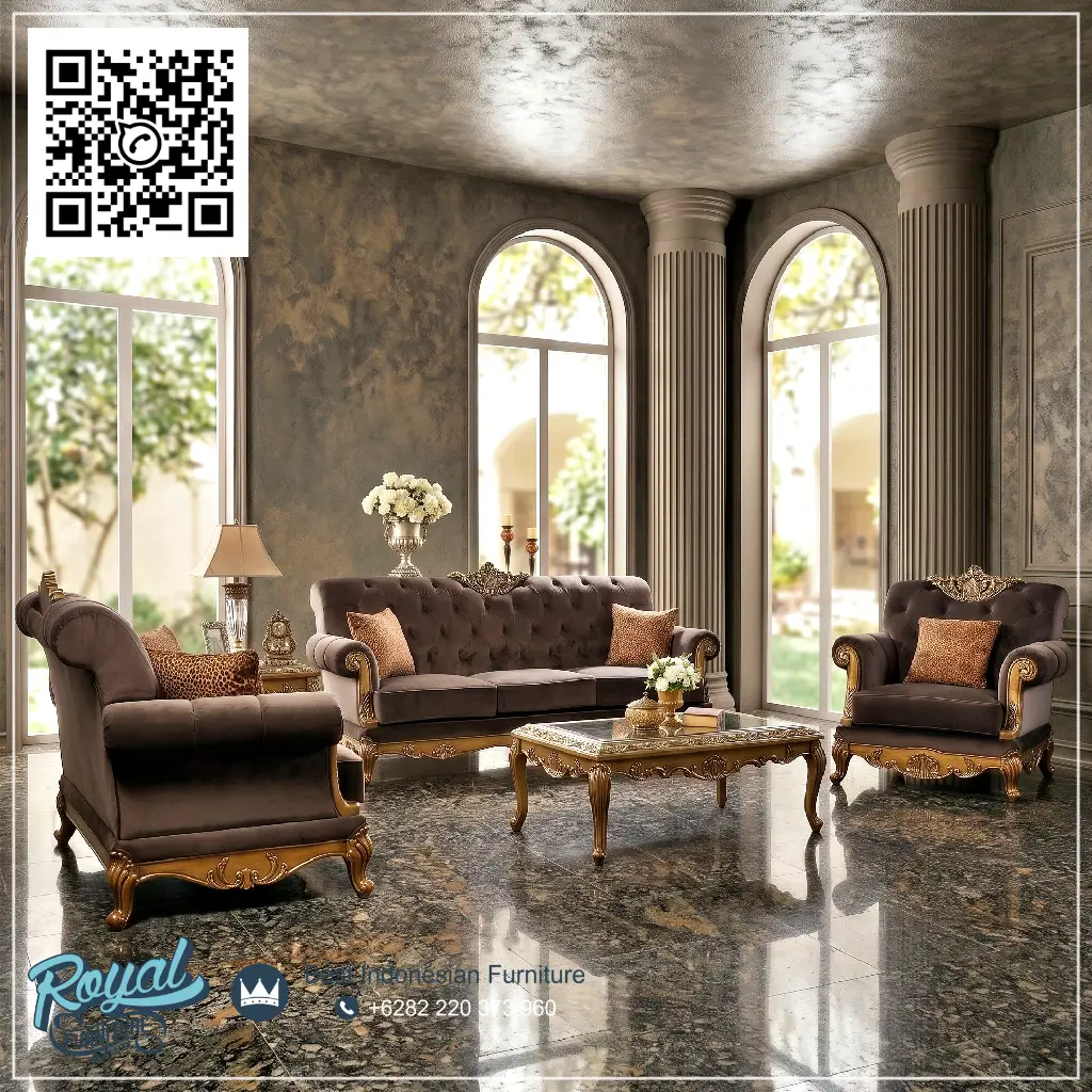 Set Sofa Tamu Mewah Klasik Ukiran Jepara Royal Velvet Cokelat Emas - foto 2
