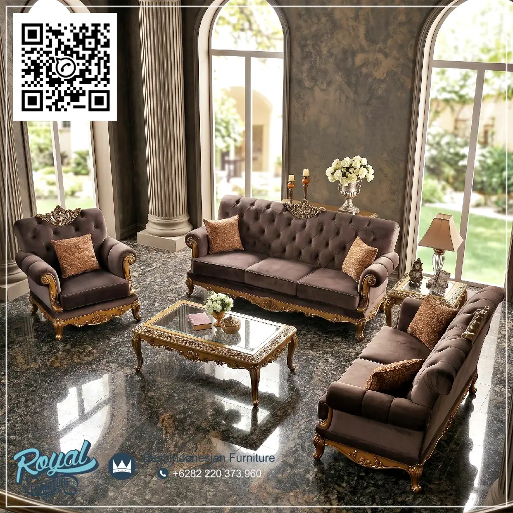 Set Sofa Tamu Mewah Klasik Ukiran Jepara Royal Velvet Cokelat Emas - foto 3