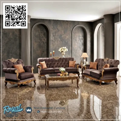 Set Sofa Tamu Mewah Klasik Ukiran Jepara Royal Velvet Cokelat Emas