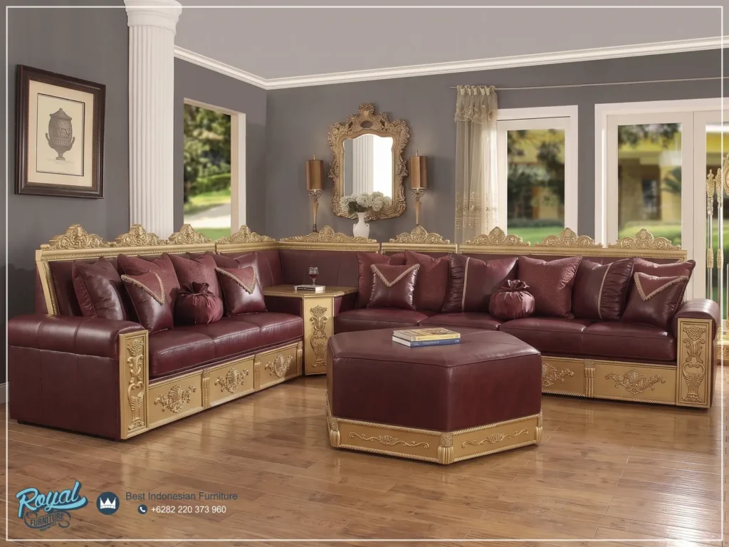 Sofa Ruang Keluarga Sudut Mewah Ukiran Jepara Kulit Asli